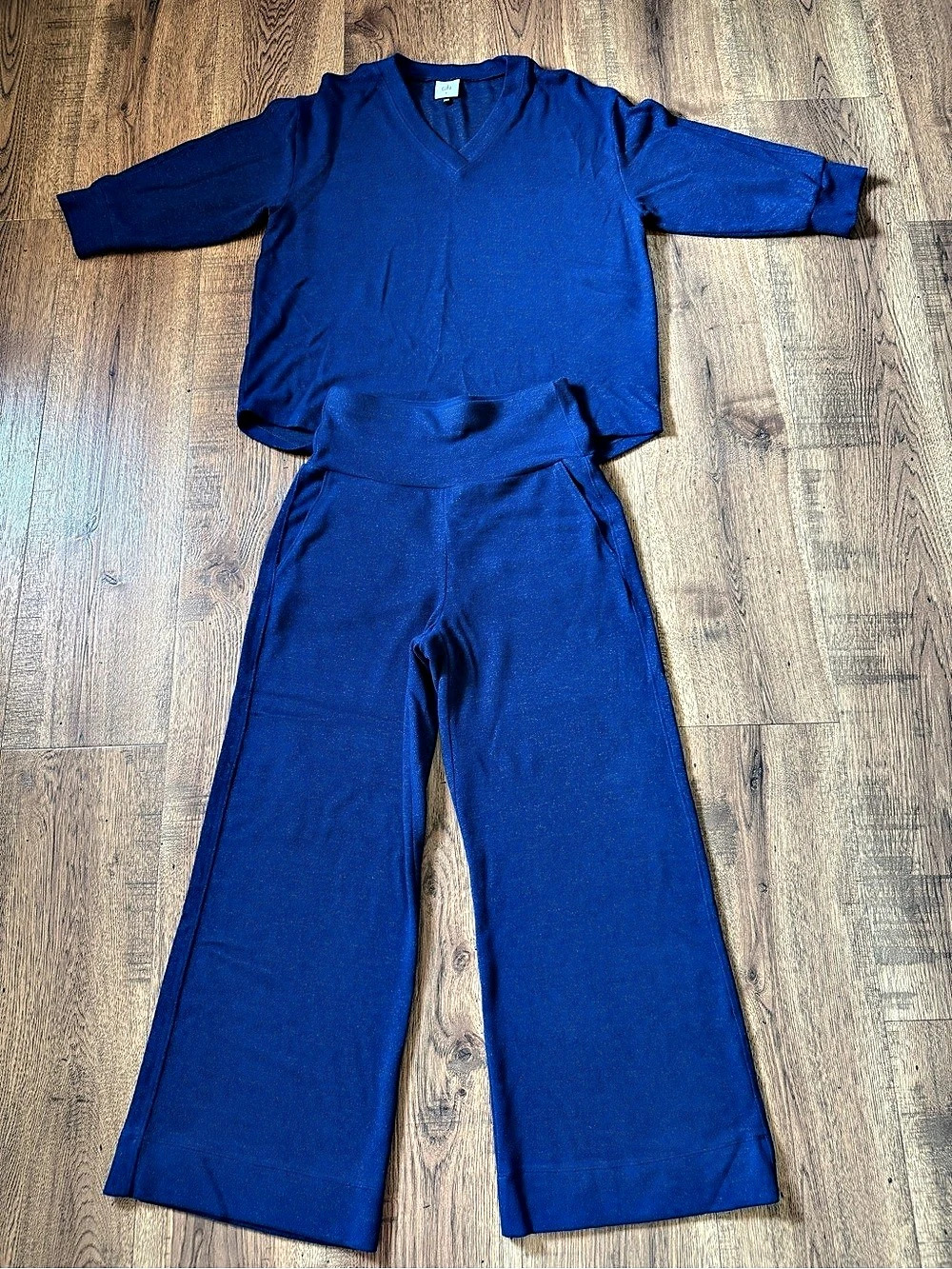 CABI Women’s Blue Knit 2-Piece Set V-Neck 3/4 Sleeve Wide-Leg Pants S